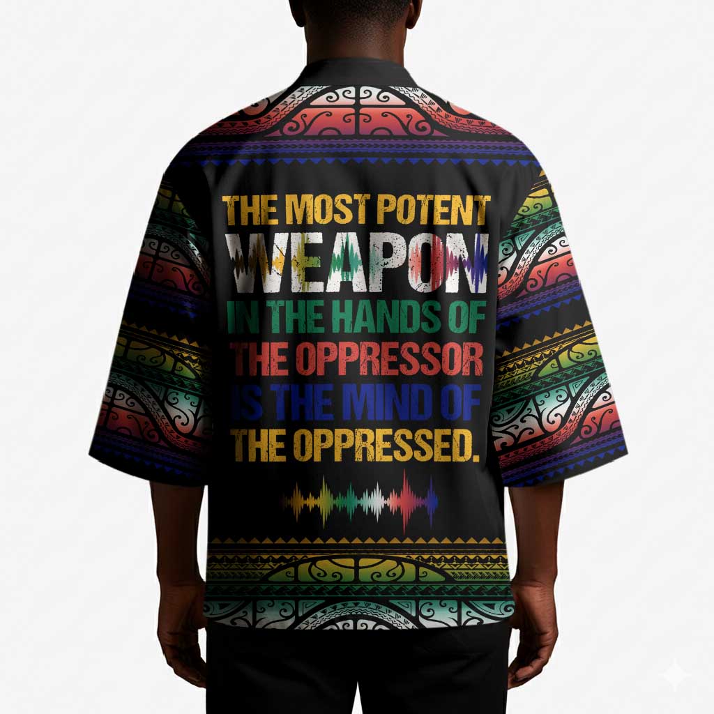 Steve Biko Kimono with Microphone Portrait, Black Consciousness Quote and Vibrant Ethnic Wave - Wonder Print Shop