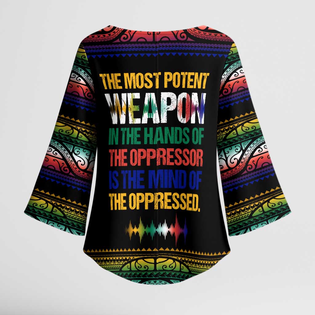 Steve Biko Kimono Sleeve Blouse with Microphone Portrait, Black Consciousness Quote and Vibrant Ethnic Wave - Wonder Print Shop