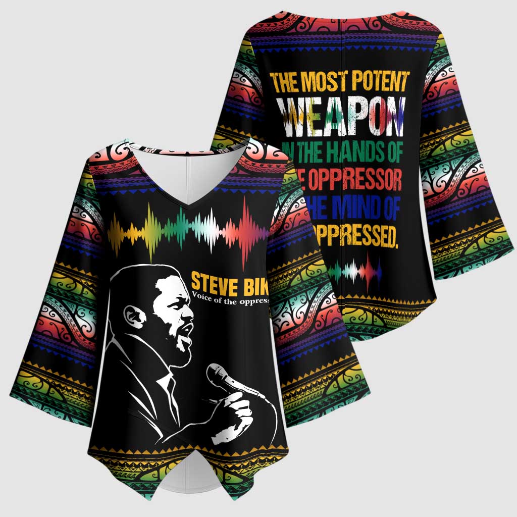 Steve Biko Kimono Sleeve Blouse with Microphone Portrait, Black Consciousness Quote and Vibrant Ethnic Wave - Wonder Print Shop