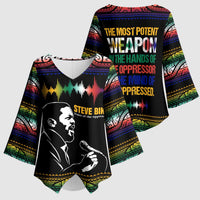 Steve Biko Kimono Sleeve Blouse with Microphone Portrait, Black Consciousness Quote and Vibrant Ethnic Wave - Wonder Print Shop