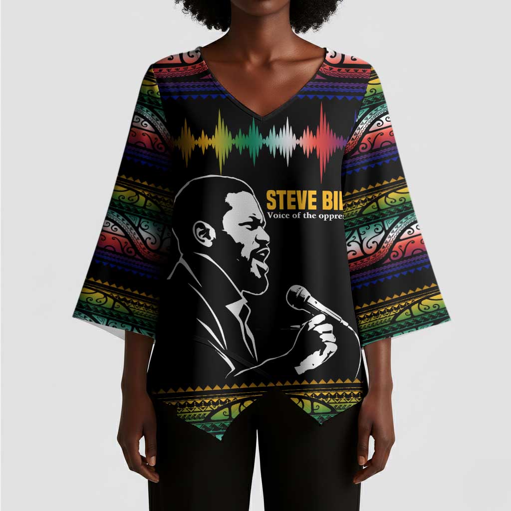 Steve Biko Kimono Sleeve Blouse with Microphone Portrait, Black Consciousness Quote and Vibrant Ethnic Wave - Wonder Print Shop