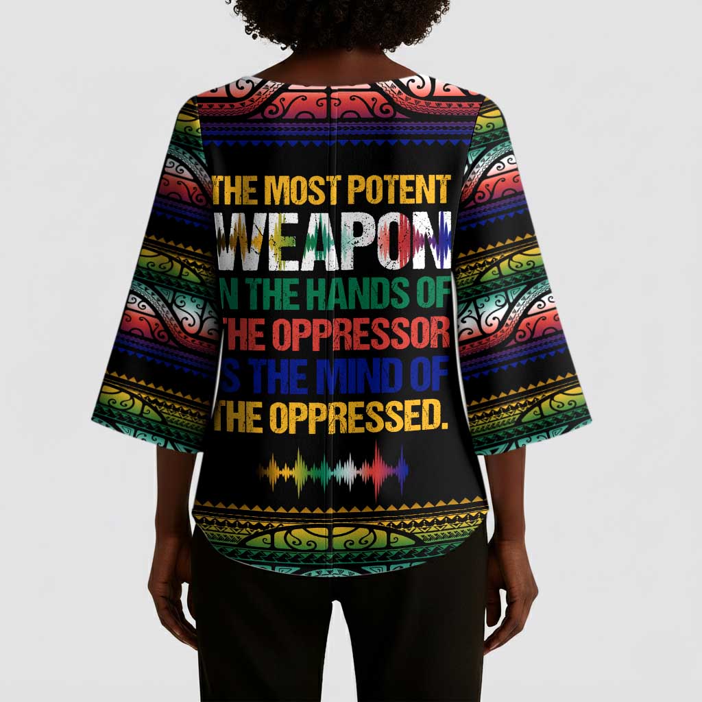 Steve Biko Kimono Sleeve Blouse with Microphone Portrait, Black Consciousness Quote and Vibrant Ethnic Wave - Wonder Print Shop