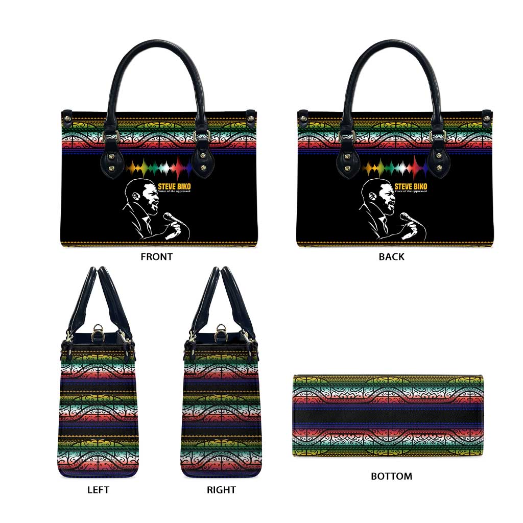 Steve Biko Leather Bag with Microphone Portrait, Black Consciousness Quote and Vibrant Ethnic Wave - Wonder Print Shop