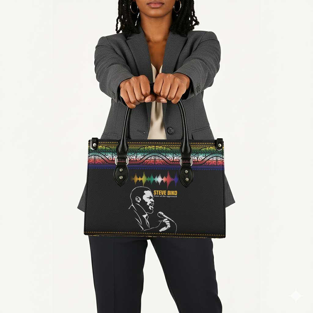 Steve Biko Leather Bag with Microphone Portrait, Black Consciousness Quote and Vibrant Ethnic Wave - Wonder Print Shop
