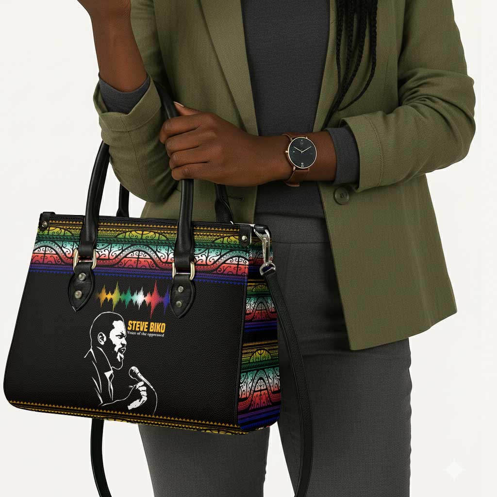 Steve Biko Leather Bag with Microphone Portrait, Black Consciousness Quote and Vibrant Ethnic Wave - Wonder Print Shop