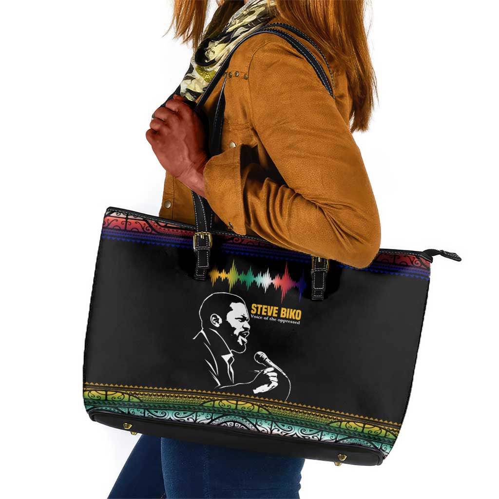 Steve Biko Leather Tote Bag with Microphone Portrait, Black Consciousness Quote and Vibrant Ethnic Wave - Wonder Print Shop