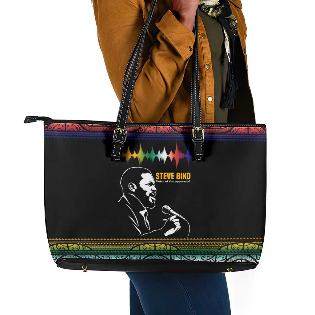 Steve Biko Leather Tote Bag with Microphone Portrait, Black Consciousness Quote and Vibrant Ethnic Wave - Wonder Print Shop