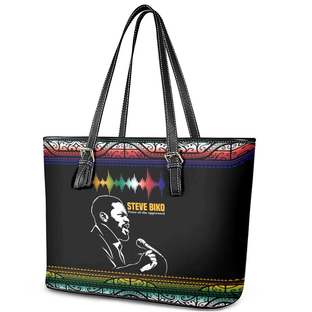 Steve Biko Leather Tote Bag with Microphone Portrait, Black Consciousness Quote and Vibrant Ethnic Wave - Wonder Print Shop