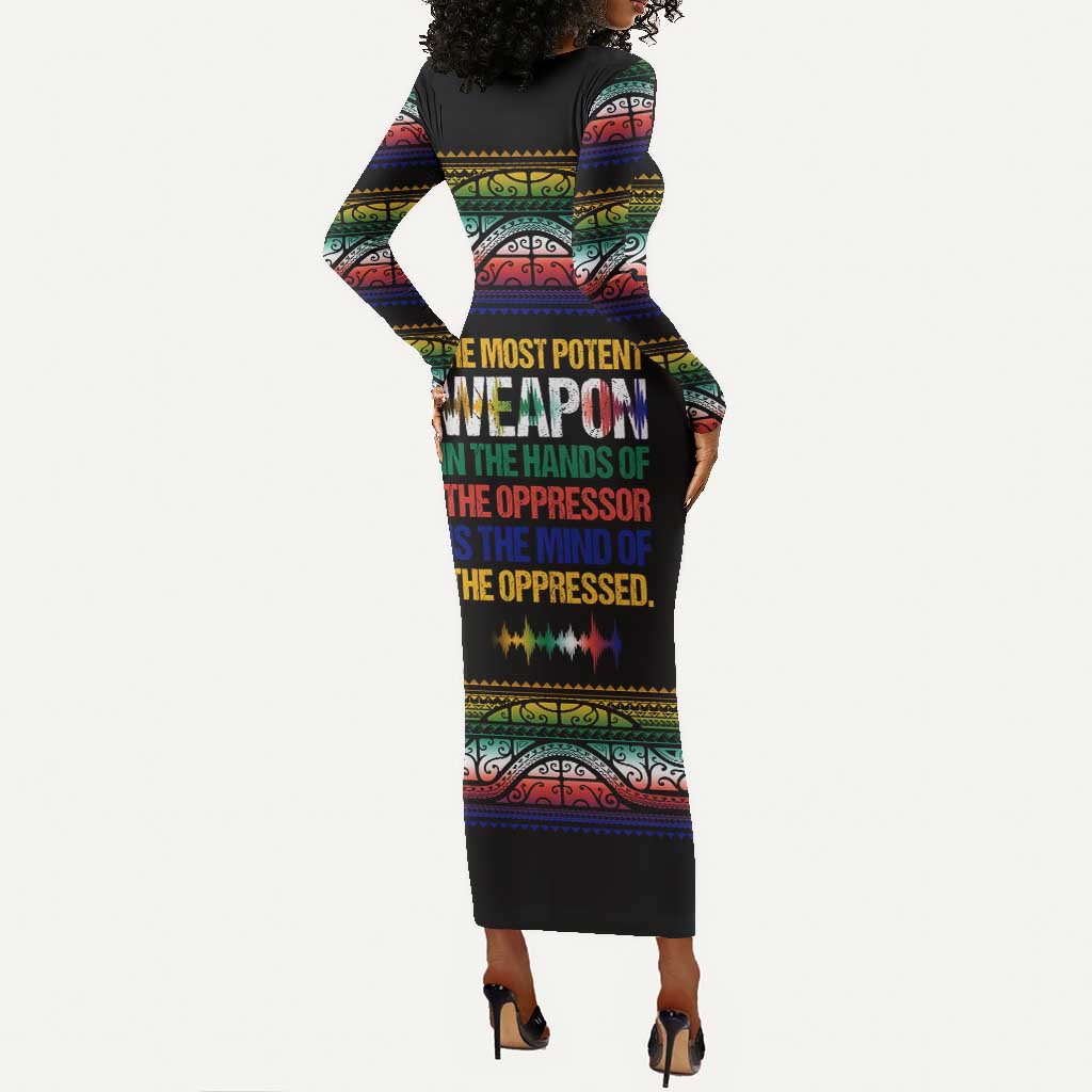 Steve Biko Long Sleeve Bodycon Dress with Microphone Portrait, Black Consciousness Quote and Vibrant Ethnic Wave - Wonder Print Shop
