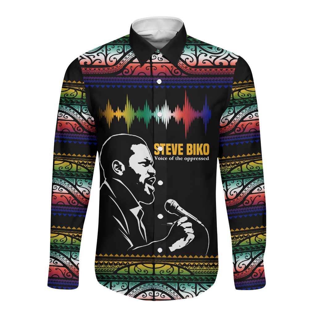 Steve Biko Long Sleeve Button Shirt with Microphone Portrait, Black Consciousness Quote and Vibrant Ethnic Wave - Wonder Print Shop