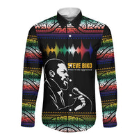 Steve Biko Long Sleeve Button Shirt with Microphone Portrait, Black Consciousness Quote and Vibrant Ethnic Wave - Wonder Print Shop