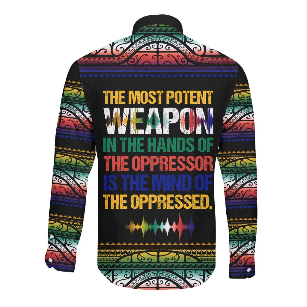 Steve Biko Long Sleeve Button Shirt with Microphone Portrait, Black Consciousness Quote and Vibrant Ethnic Wave - Wonder Print Shop