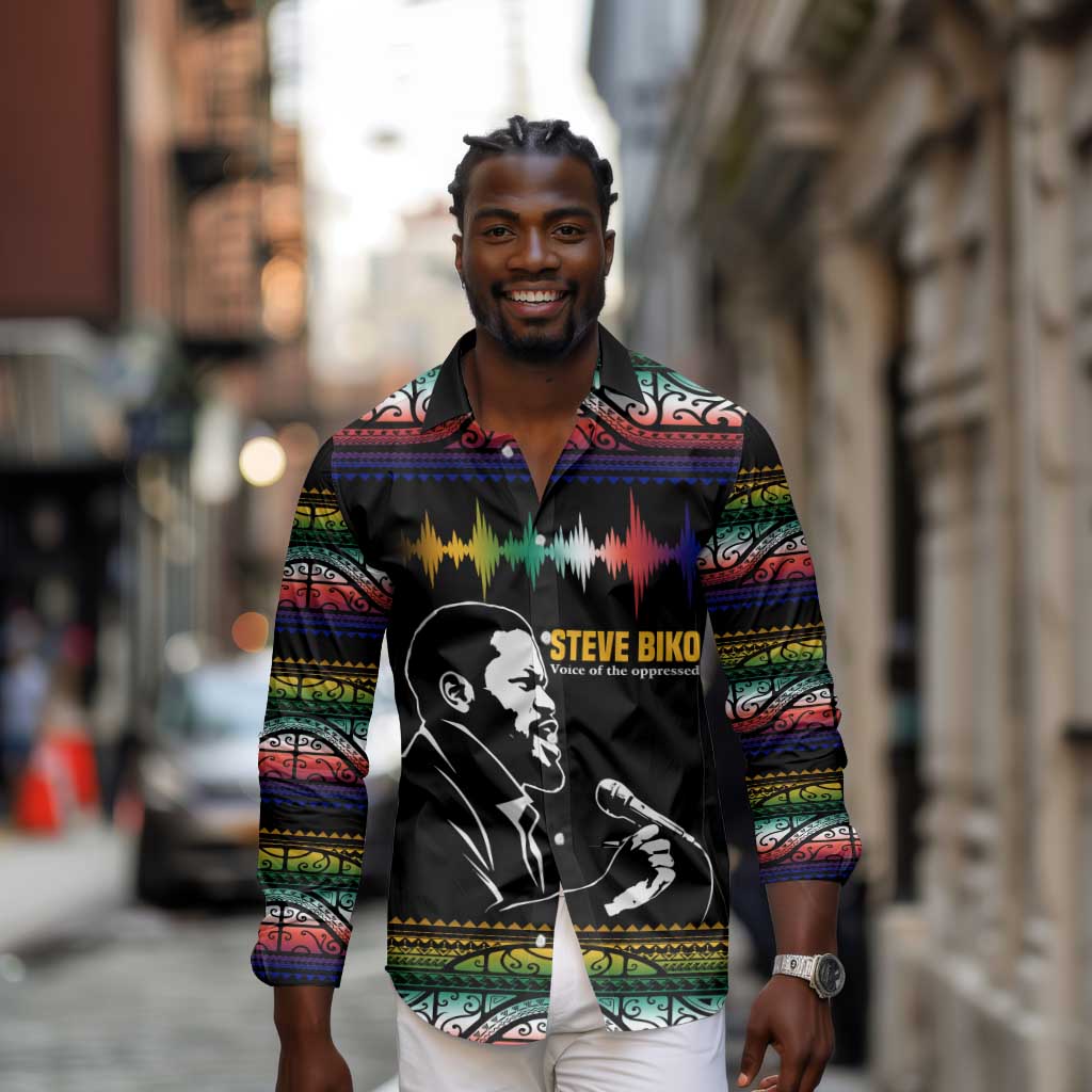 Steve Biko Long Sleeve Button Shirt with Microphone Portrait, Black Consciousness Quote and Vibrant Ethnic Wave - Wonder Print Shop