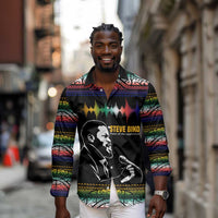 Steve Biko Long Sleeve Button Shirt with Microphone Portrait, Black Consciousness Quote and Vibrant Ethnic Wave - Wonder Print Shop
