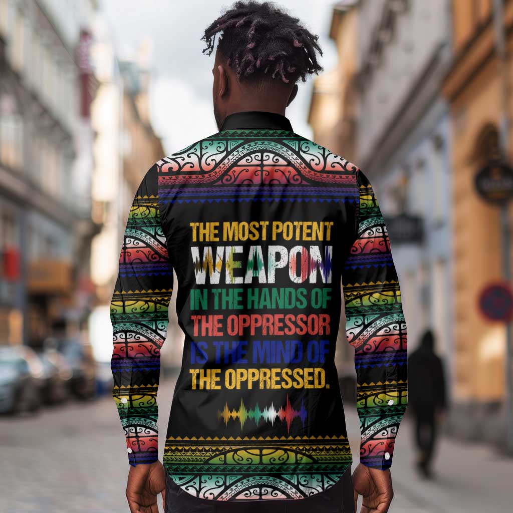 Steve Biko Long Sleeve Button Shirt with Microphone Portrait, Black Consciousness Quote and Vibrant Ethnic Wave - Wonder Print Shop