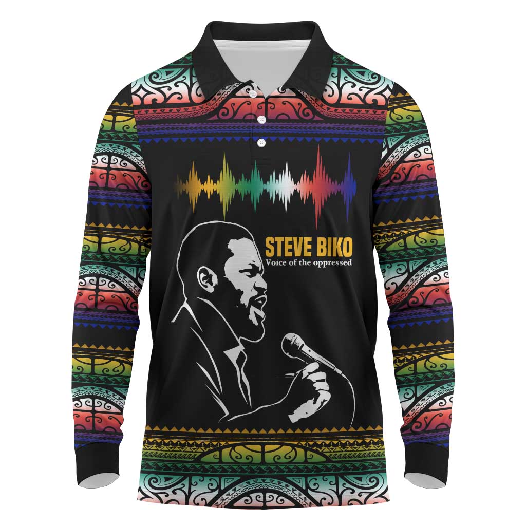 Steve Biko Long Sleeve Polo Shirt with Microphone Portrait, Black Consciousness Quote and Vibrant Ethnic Wave - Wonder Print Shop