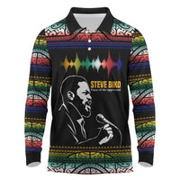 Steve Biko Long Sleeve Polo Shirt with Microphone Portrait, Black Consciousness Quote and Vibrant Ethnic Wave - Wonder Print Shop