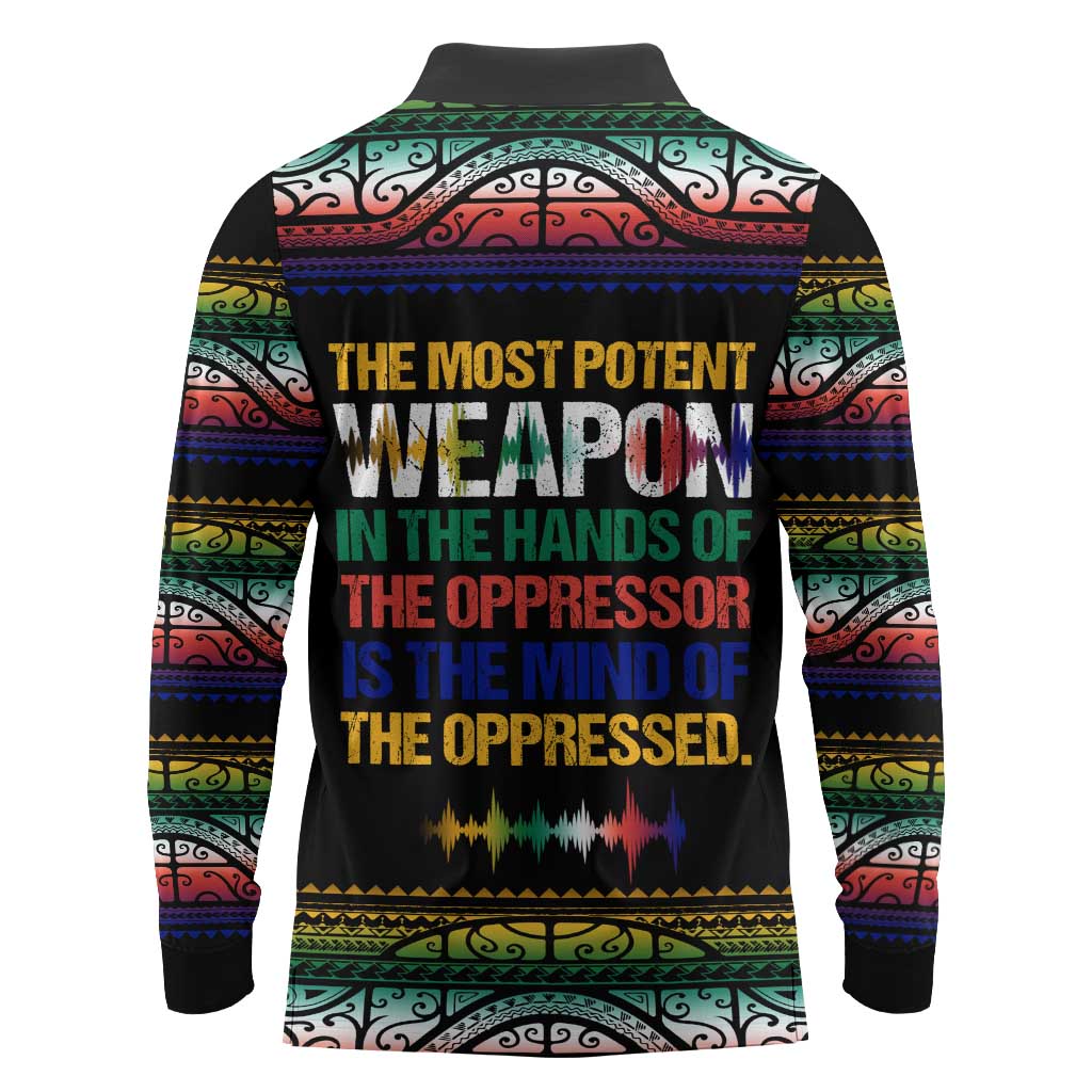 Steve Biko Long Sleeve Polo Shirt with Microphone Portrait, Black Consciousness Quote and Vibrant Ethnic Wave - Wonder Print Shop