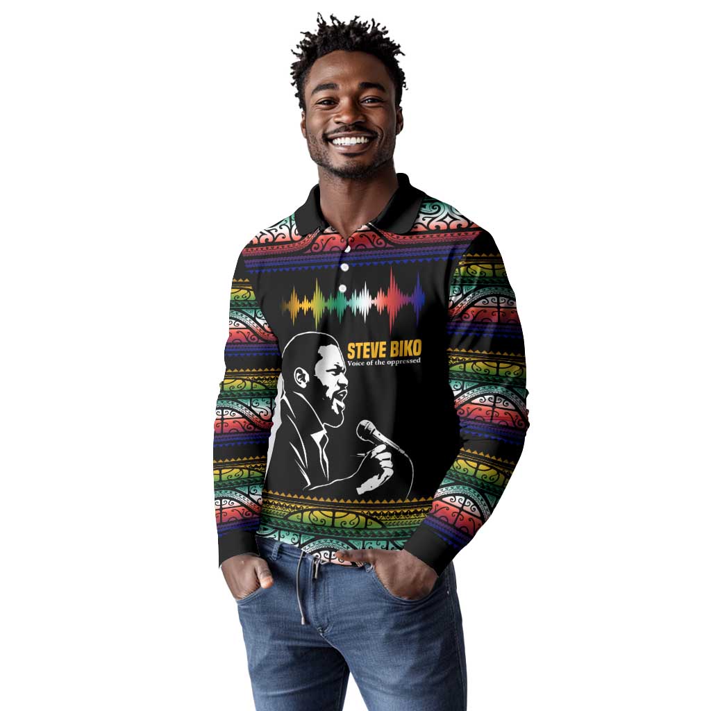 Steve Biko Long Sleeve Polo Shirt with Microphone Portrait, Black Consciousness Quote and Vibrant Ethnic Wave - Wonder Print Shop