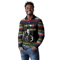Steve Biko Long Sleeve Polo Shirt with Microphone Portrait, Black Consciousness Quote and Vibrant Ethnic Wave - Wonder Print Shop
