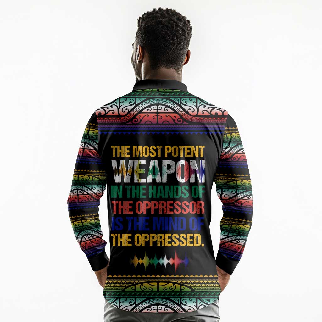Steve Biko Long Sleeve Polo Shirt with Microphone Portrait, Black Consciousness Quote and Vibrant Ethnic Wave - Wonder Print Shop