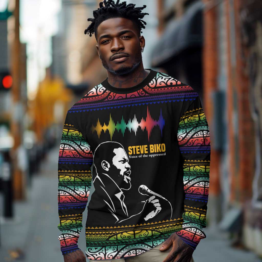 Steve Biko Long Sleeve Shirt with Microphone Portrait, Black Consciousness Quote and Vibrant Ethnic Wave - Wonder Print Shop