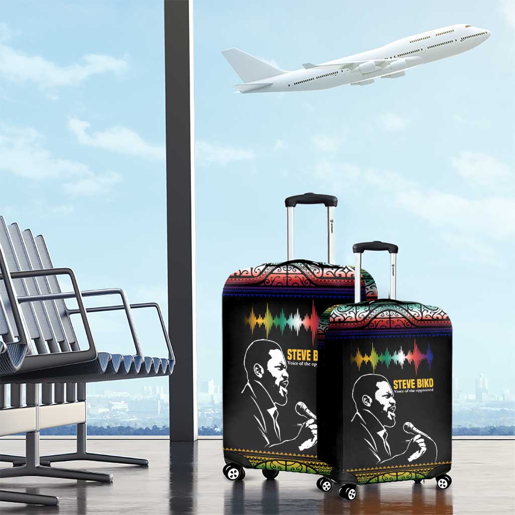 Steve Biko Luggage Cover with Microphone Portrait, Black Consciousness Quote and Vibrant Ethnic Wave - Wonder Print Shop
