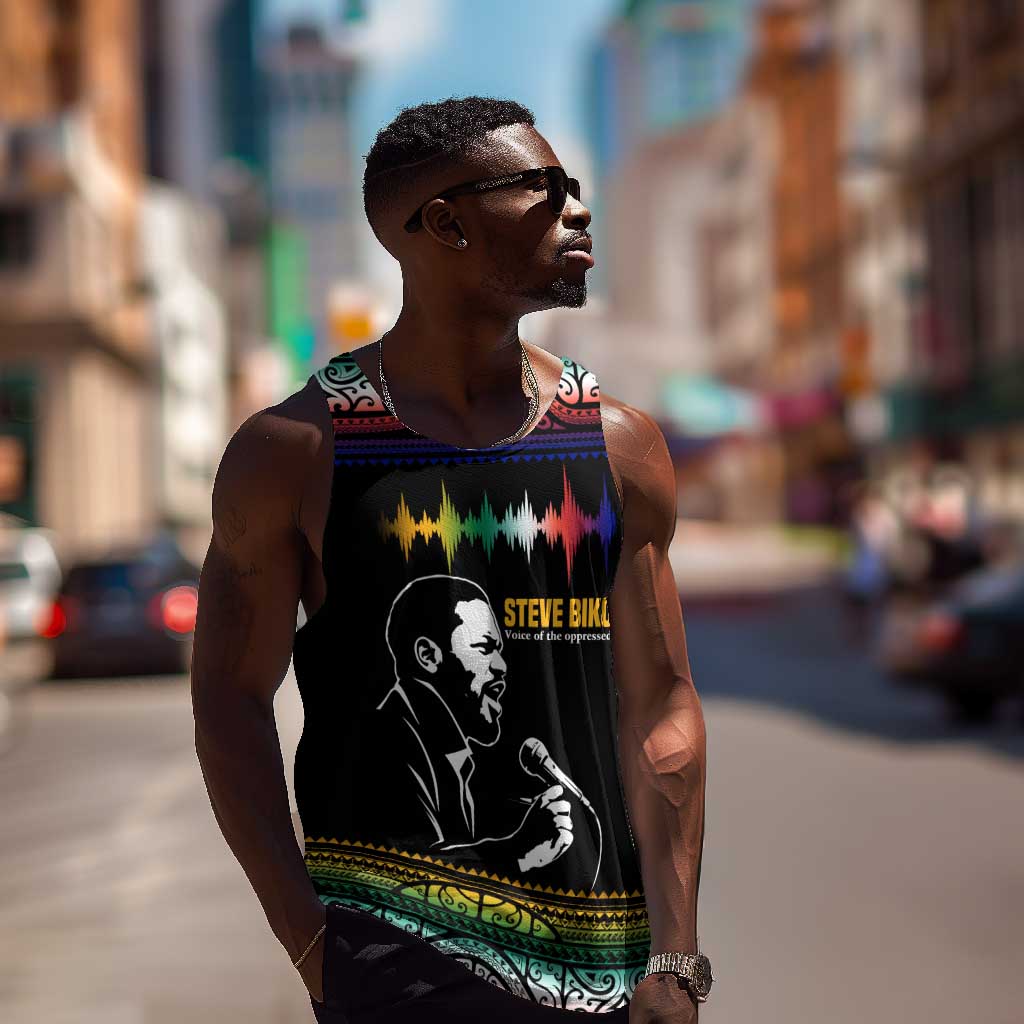 Steve Biko Men Tank Top with Microphone Portrait, Black Consciousness Quote and Vibrant Ethnic Wave - Wonder Print Shop