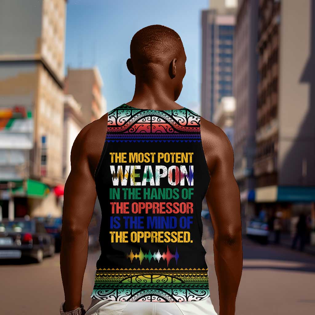 Steve Biko Men Tank Top with Microphone Portrait, Black Consciousness Quote and Vibrant Ethnic Wave - Wonder Print Shop