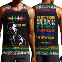 Steve Biko Men Tank Top with Microphone Portrait, Black Consciousness Quote and Vibrant Ethnic Wave - Wonder Print Shop
