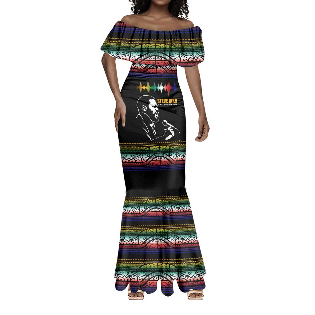 Steve Biko Mermaid Dress with Microphone Portrait, Black Consciousness Quote and Vibrant Ethnic Wave - Wonder Print Shop