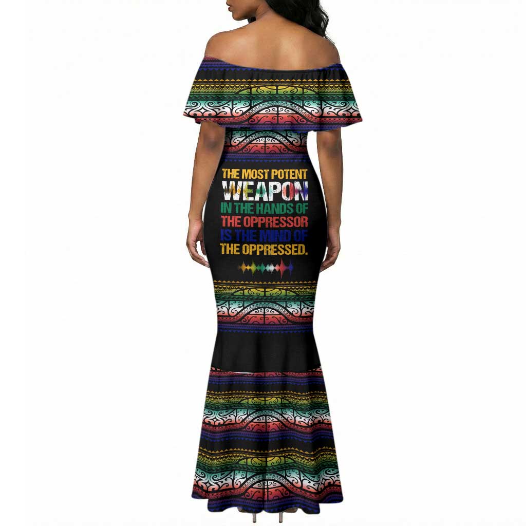 Steve Biko Mermaid Dress with Microphone Portrait, Black Consciousness Quote and Vibrant Ethnic Wave - Wonder Print Shop