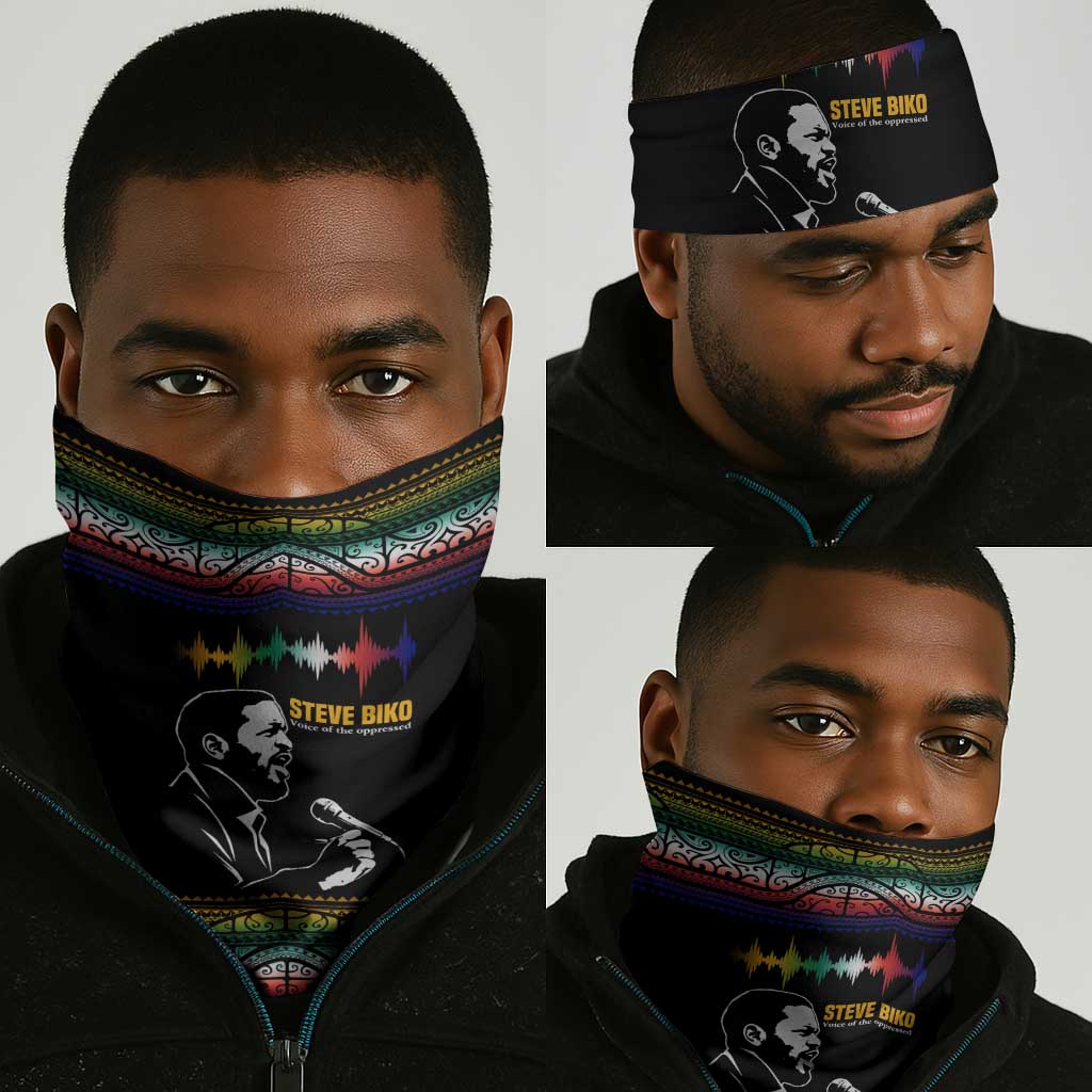 Steve Biko Neck Gaiter with Microphone Portrait, Black Consciousness Quote and Vibrant Ethnic Wave - Wonder Print Shop