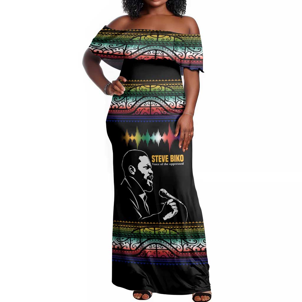 Steve Biko Off Shoulder Maxi Dress with Microphone Portrait, Black Consciousness Quote and Vibrant Ethnic Wave - Wonder Print Shop