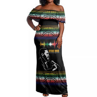 Steve Biko Off Shoulder Maxi Dress with Microphone Portrait, Black Consciousness Quote and Vibrant Ethnic Wave - Wonder Print Shop