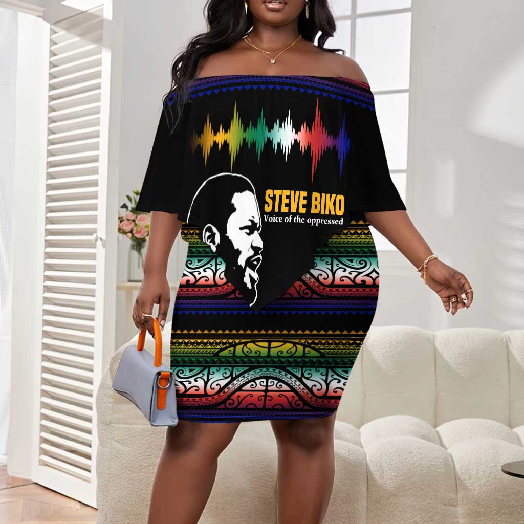 Steve Biko Off Shoulder Short Dress with Microphone Portrait, Black Consciousness Quote and Vibrant Ethnic Wave - Wonder Print Shop
