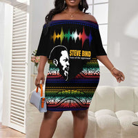 Steve Biko Off Shoulder Short Dress with Microphone Portrait, Black Consciousness Quote and Vibrant Ethnic Wave - Wonder Print Shop