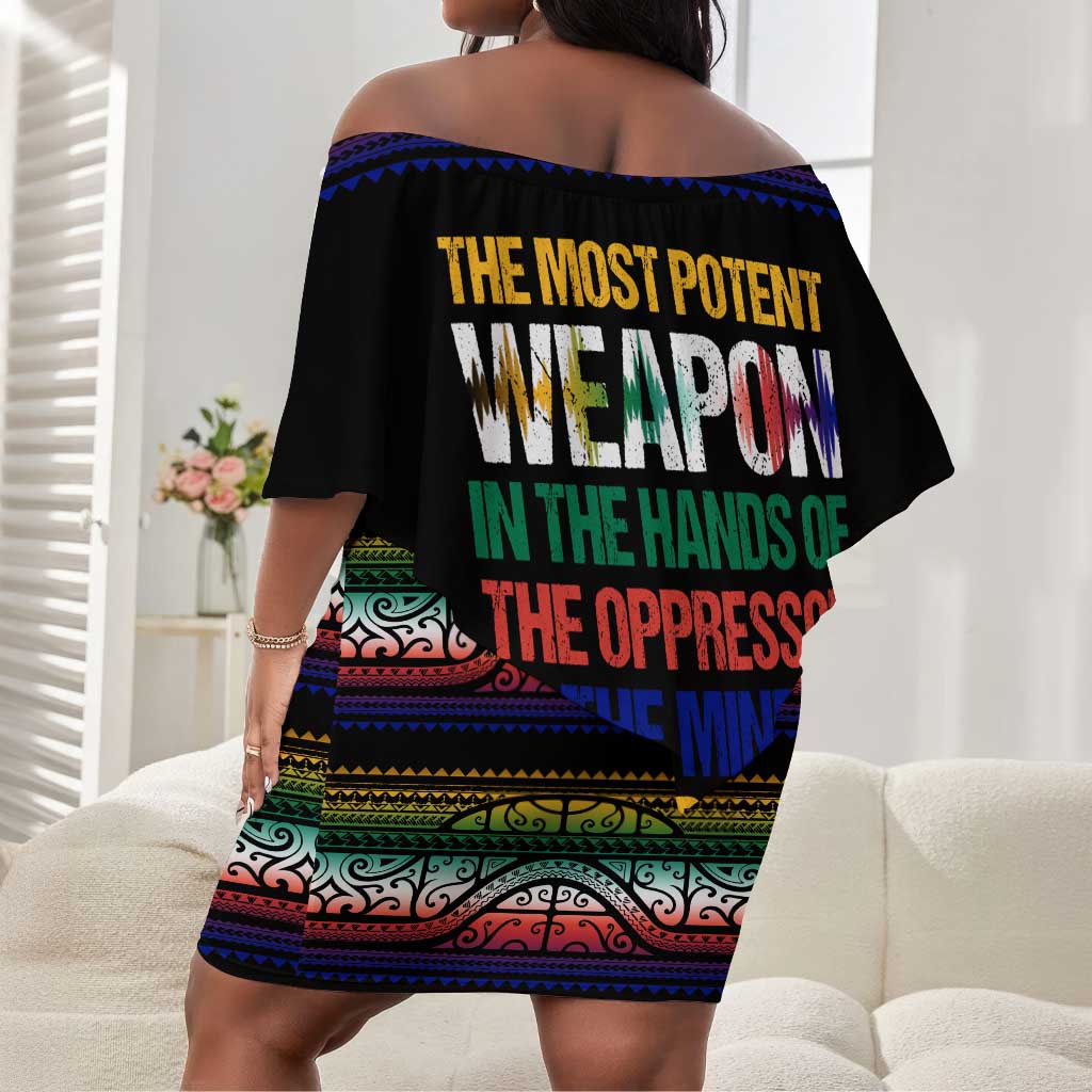 Steve Biko Off Shoulder Short Dress with Microphone Portrait, Black Consciousness Quote and Vibrant Ethnic Wave - Wonder Print Shop