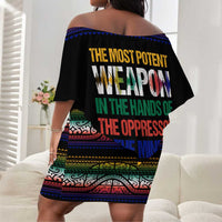 Steve Biko Off Shoulder Short Dress with Microphone Portrait, Black Consciousness Quote and Vibrant Ethnic Wave - Wonder Print Shop