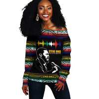 Steve Biko Off Shoulder Sweater with Microphone Portrait, Black Consciousness Quote and Vibrant Ethnic Wave - Wonder Print Shop