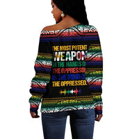 Steve Biko Off Shoulder Sweater with Microphone Portrait, Black Consciousness Quote and Vibrant Ethnic Wave - Wonder Print Shop