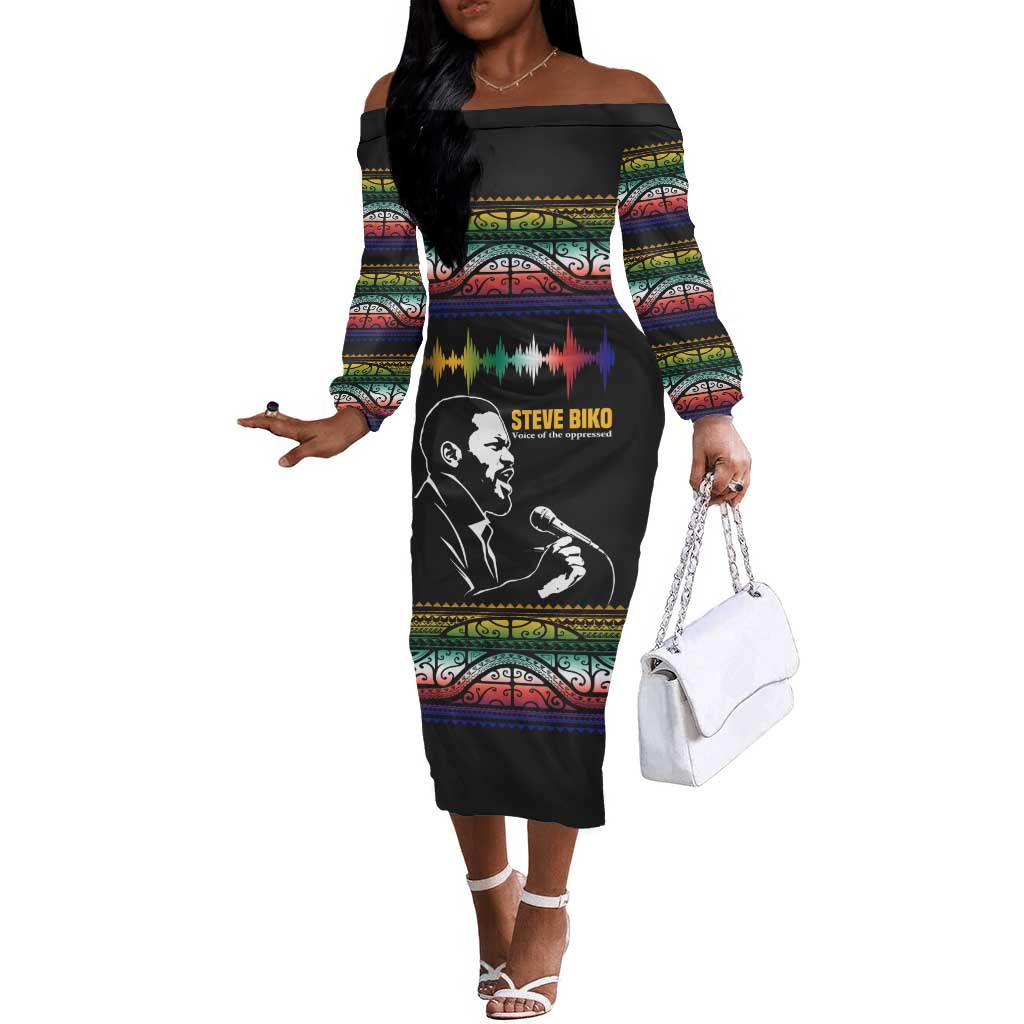 Steve Biko Off The Shoulder Long Sleeve Dress with Microphone Portrait, Black Consciousness Quote and Vibrant Ethnic Wave - Wonder Print Shop