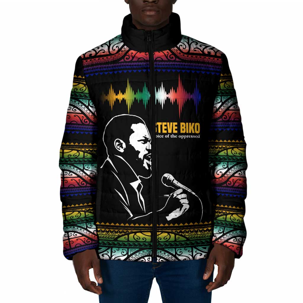 Steve Biko Padded Jacket with Microphone Portrait, Black Consciousness Quote and Vibrant Ethnic Wave - Wonder Print Shop