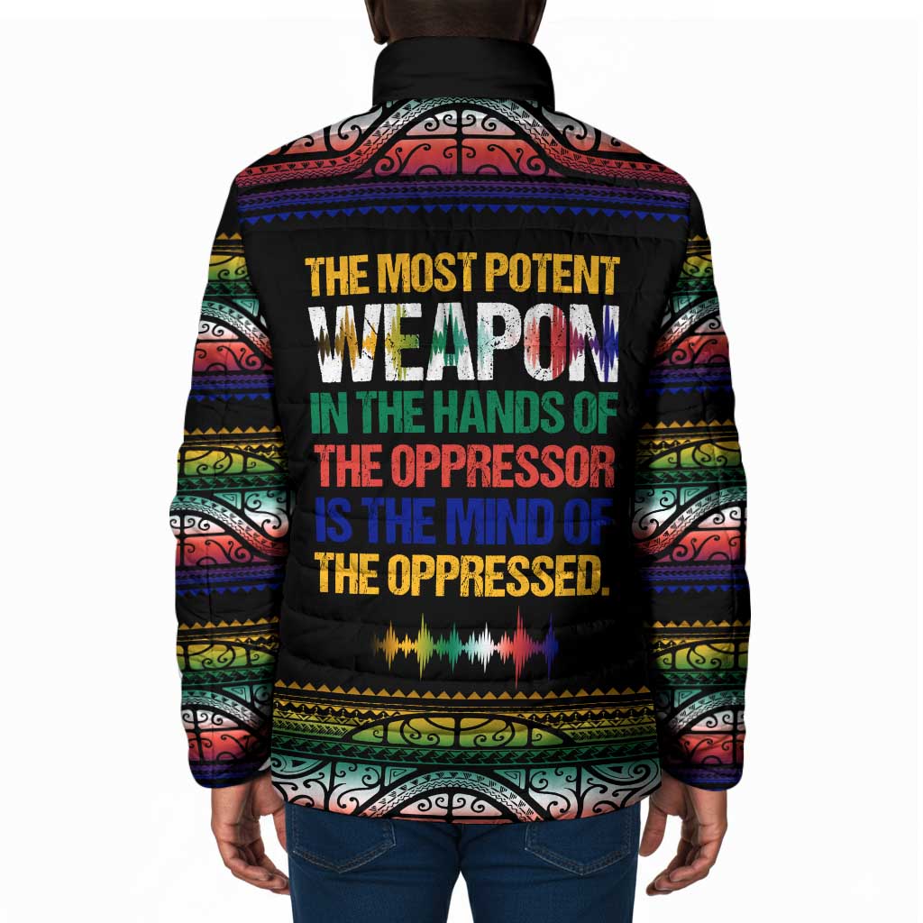 Steve Biko Padded Jacket with Microphone Portrait, Black Consciousness Quote and Vibrant Ethnic Wave - Wonder Print Shop