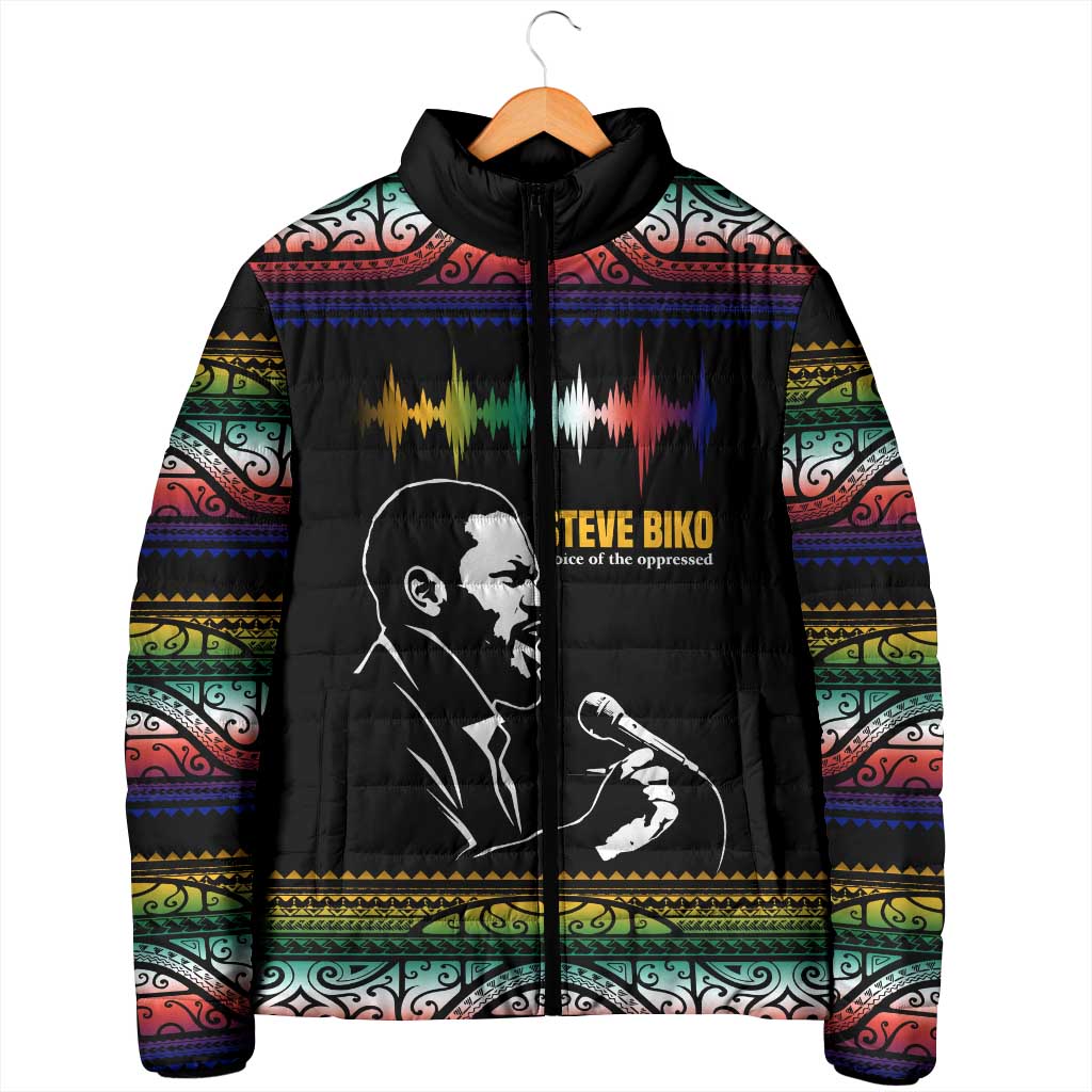 Steve Biko Padded Jacket with Microphone Portrait, Black Consciousness Quote and Vibrant Ethnic Wave - Wonder Print Shop