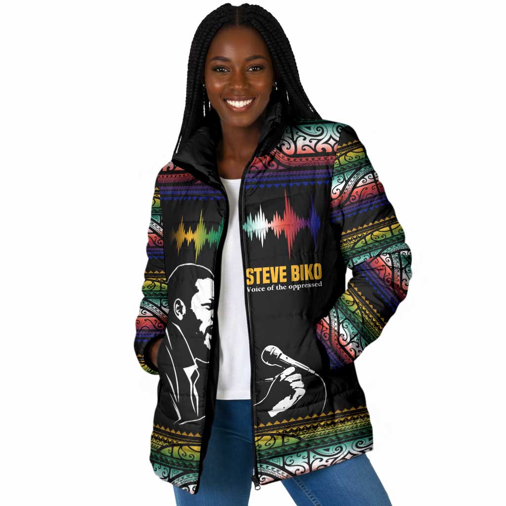 Steve Biko Padded Jacket with Microphone Portrait, Black Consciousness Quote and Vibrant Ethnic Wave - Wonder Print Shop