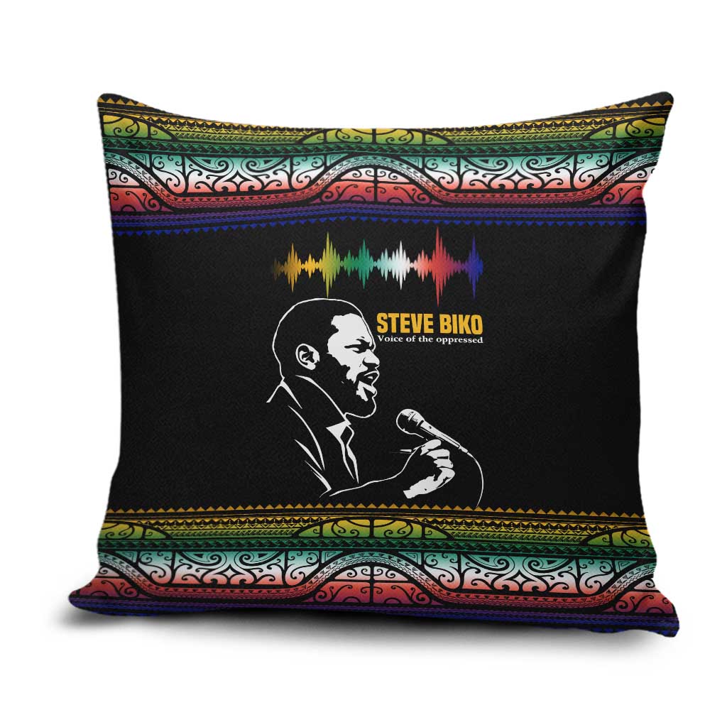 Steve Biko Pillow Cover with Microphone Portrait, Black Consciousness Quote and Vibrant Ethnic Wave - Wonder Print Shop