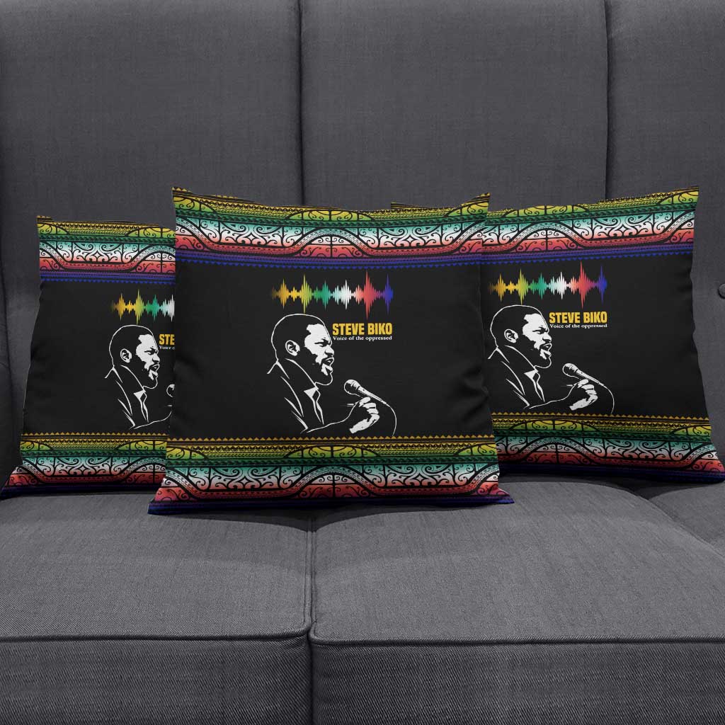 Steve Biko Pillow Cover with Microphone Portrait, Black Consciousness Quote and Vibrant Ethnic Wave - Wonder Print Shop