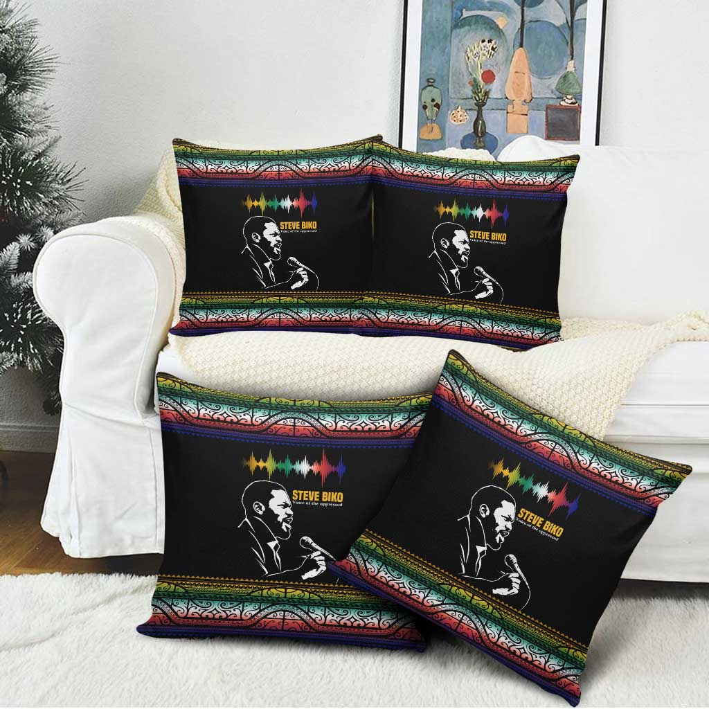 Steve Biko Pillow Cover with Microphone Portrait, Black Consciousness Quote and Vibrant Ethnic Wave - Wonder Print Shop