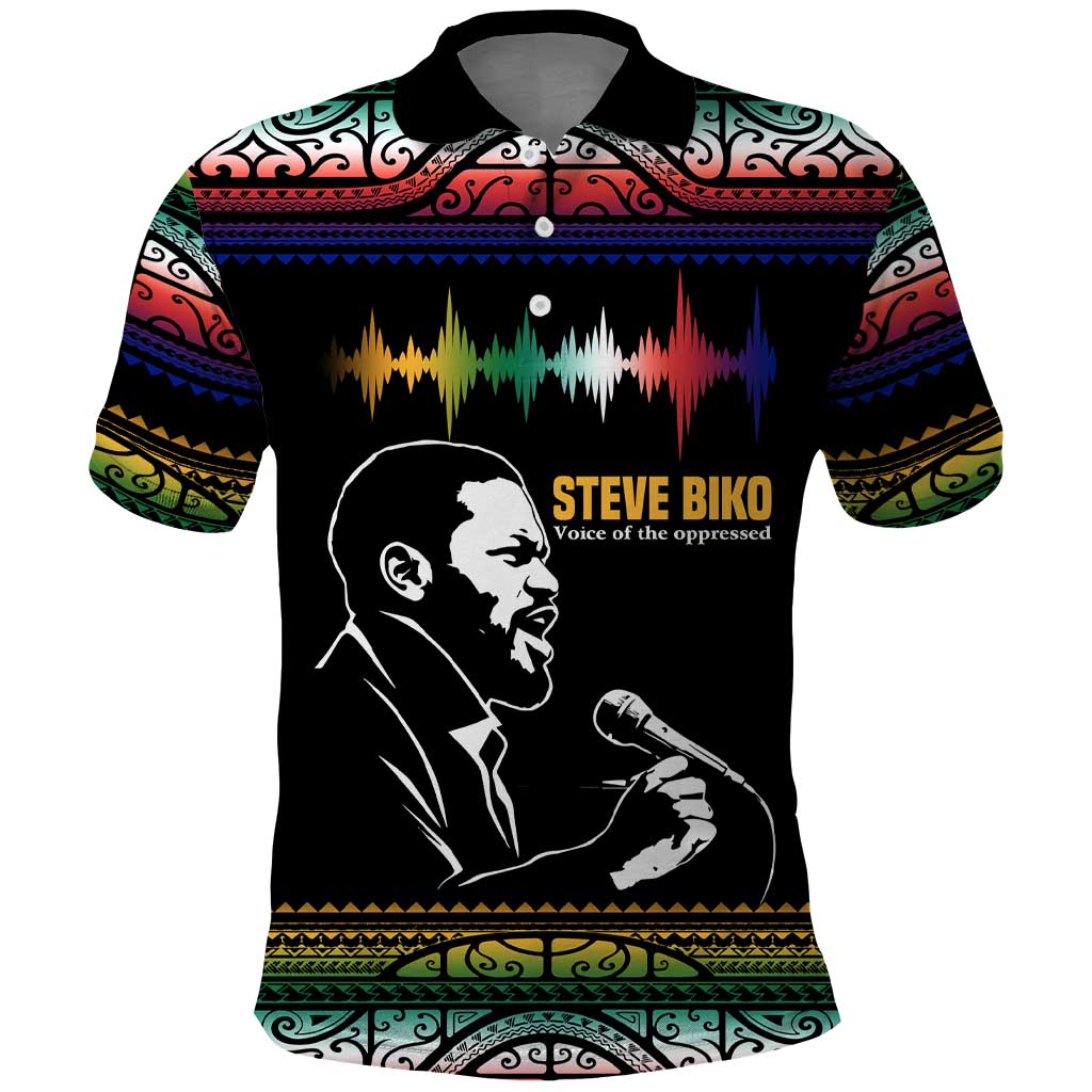 Steve Biko Polo Shirt with Microphone Portrait, Black Consciousness Quote and Vibrant Ethnic Wave - Wonder Print Shop